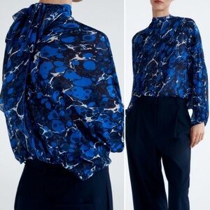 NWT Zara Blue Print Flowy Top- Back Bow Detail Womens size Small